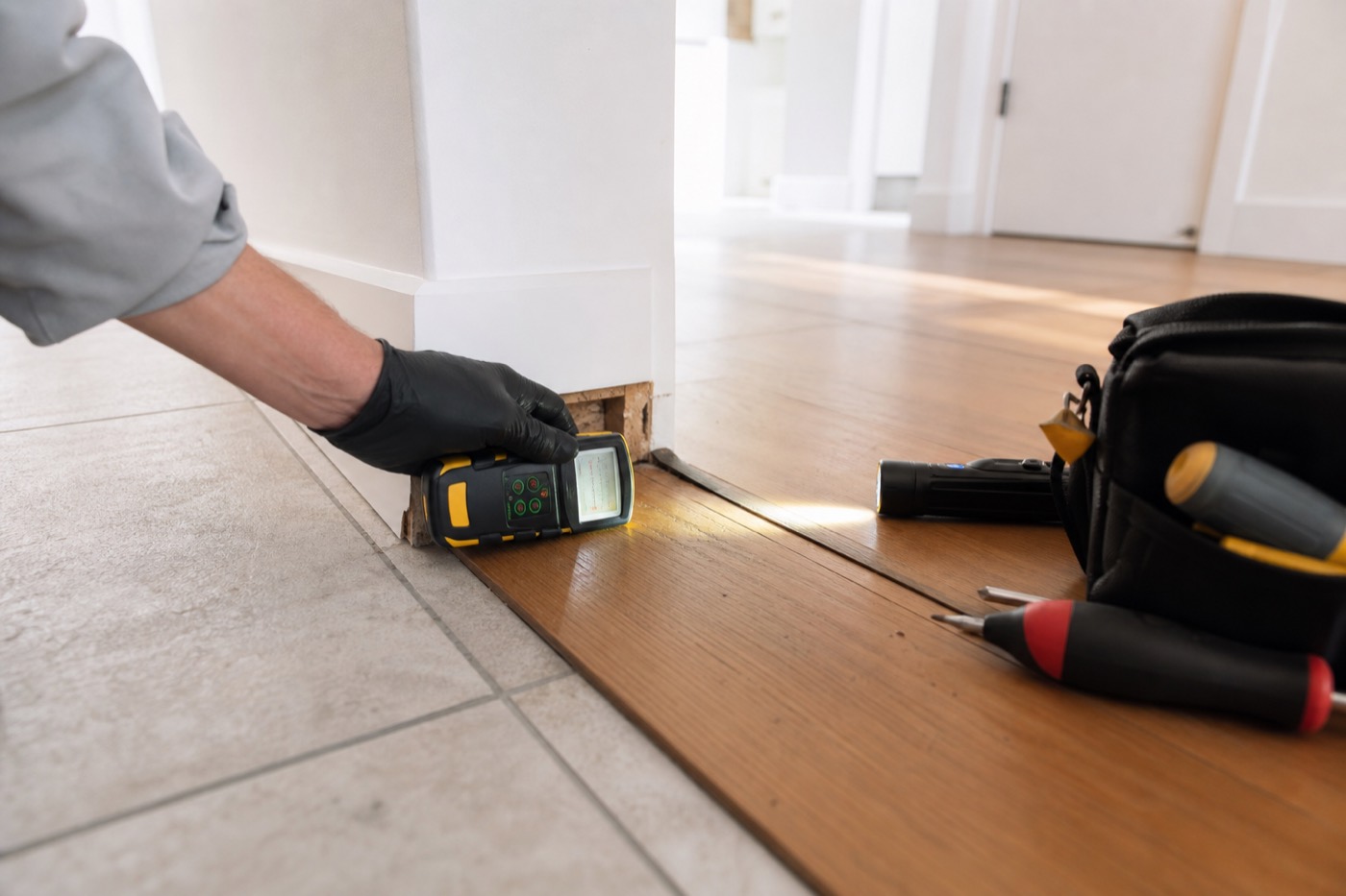 Illustrative close view of a floor transition moisture check